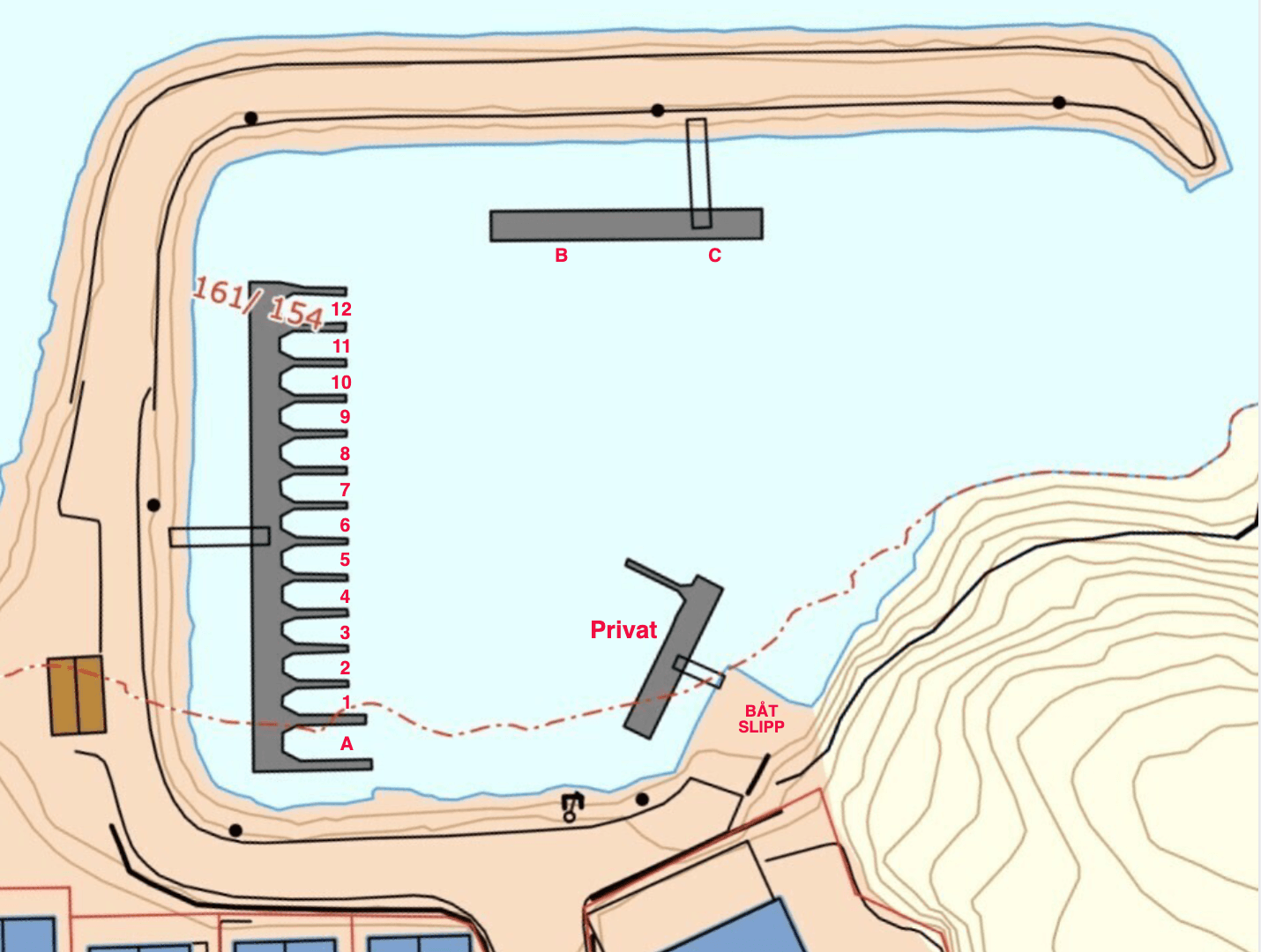 Kart over båtplassene i marinaen — brygge A 1–12, B og C